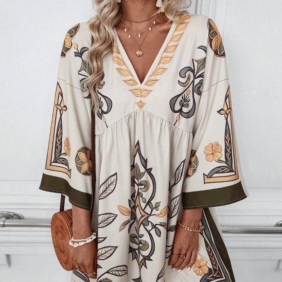 Multicolor Women's Floral Print V-Neck Loose Vacation Style Dress For Summer - Picture 2 of 6